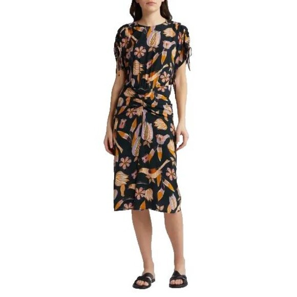 SESSUN Carlota Bird Print Cutout Midi Dress size M NWT Cap Sleeve Ruched Front